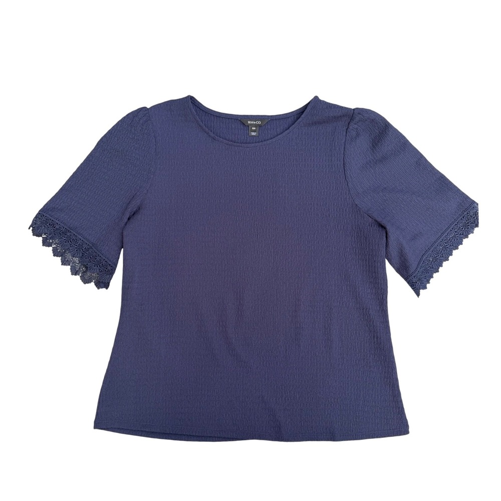 RW&CO Blouse Navy Blue Lace Trim Textured Office Siren Business Casual Size M